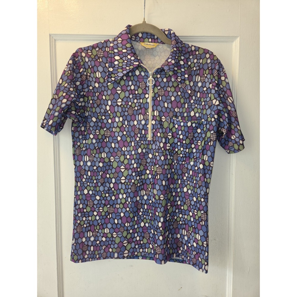 Vintage 60's Catalina Pin Pointer Polyester Shirt. Blue Geo Print. Small